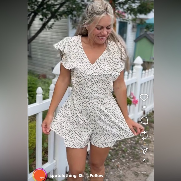 Kori Cream Brown Dalmatian Spot V Neck Romper Shorts Flutter Sleeves - Picture 8 of 8